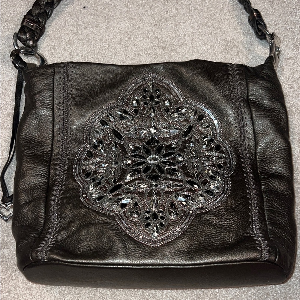Brighton Charcoal Metallic and Silver Embellished Leather Shoulder Bag